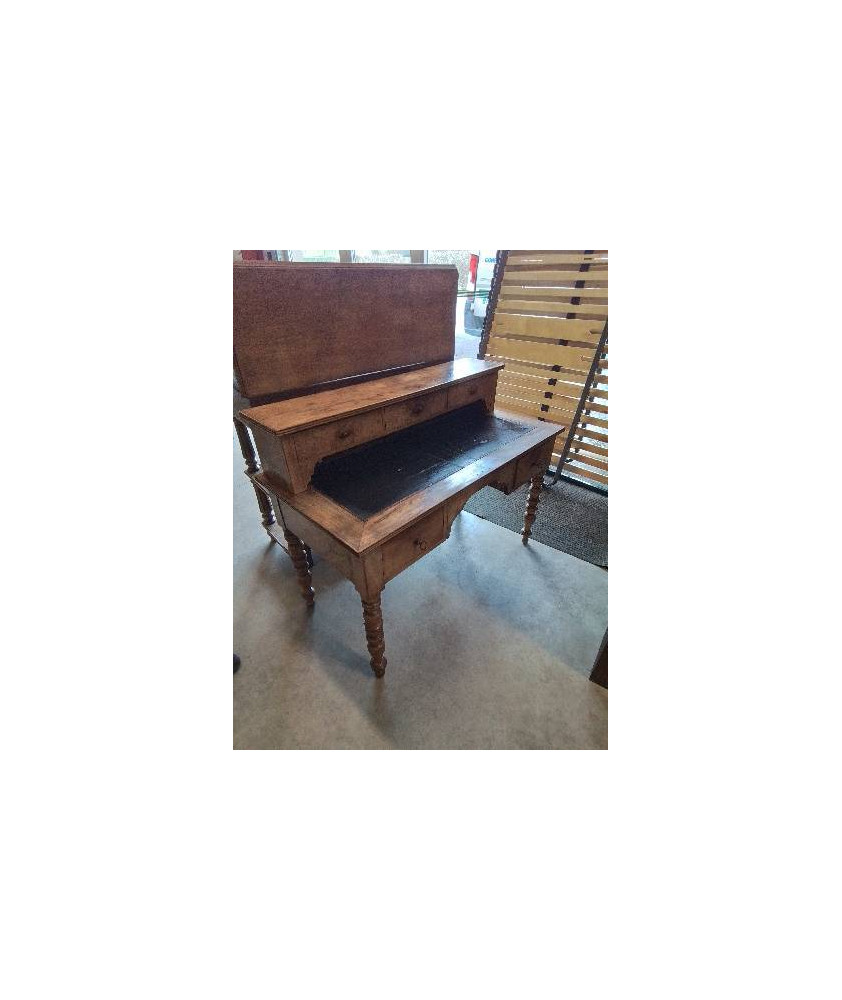 BUREAU A GRADIN 5 TIROIRS PIEDS TOURNÉS DESSUS CUIR NOIR LOUIS PHILIPPE 