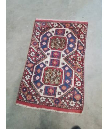 TAPIS LAINE FAIT MAIN ROUGE BLEU ECRU 125X78CM