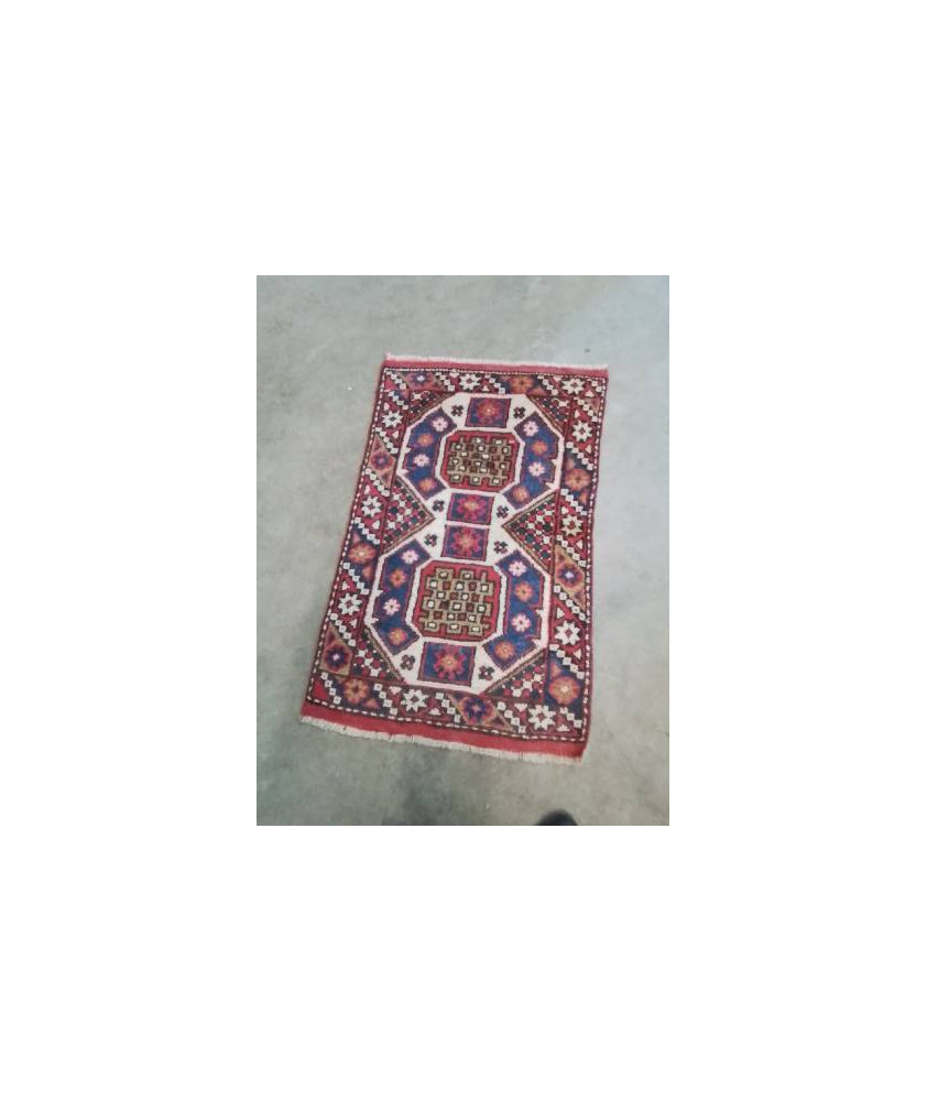 TAPIS LAINE FAIT MAIN ROUGE BLEU ECRU 125X78CM