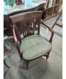 FAUTEUIL STYLE COLONIAL BOIS DOSSIER AJOURÉ A BARREAUX ASSISE TISSU BRONZE DÉBUT XXE