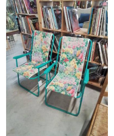 FAUTEUIL DE JARDIN PLIANT METAL VERT ET TISSU FLEURI 