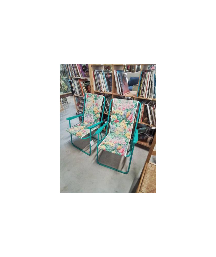FAUTEUIL DE JARDIN PLIANT METAL VERT ET TISSU FLEURI 