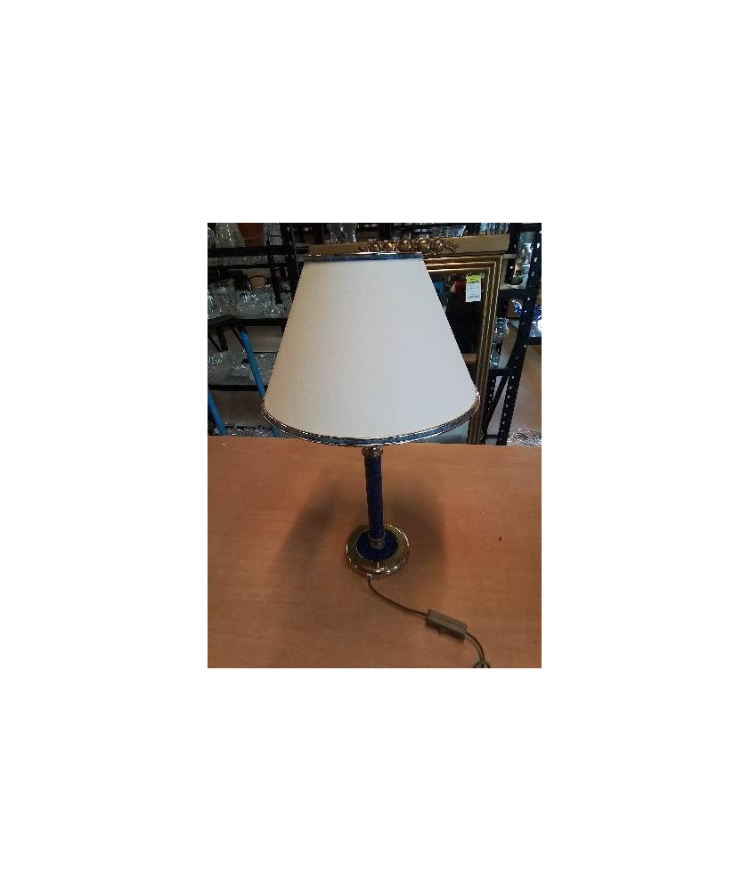 LAMPE COLONNE MÉTAL BLEU ET DORÉ AJ ECRU LISERÉ BLEU 