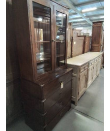 COMMODE BIBLIOTHÈQUE MARINE BOIS EXOTIQUE 2 PORTES VITRÉES 4 TIROIRS  