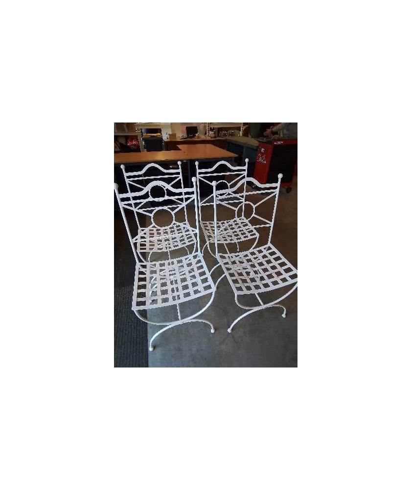 4 CHAISES FER FORGÉ BLANC DOSSIER CINTRÉ ASSISE AJOURÉ AVEC COUSSINS TISSU ÉCRU 