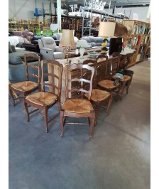 6 CHAISES BOIS PAILLÉ A ENTRETOISE DOSSIER 3 BARREAUX CHANTOURNÉ STYLE RÉGENCE COQUILLE 