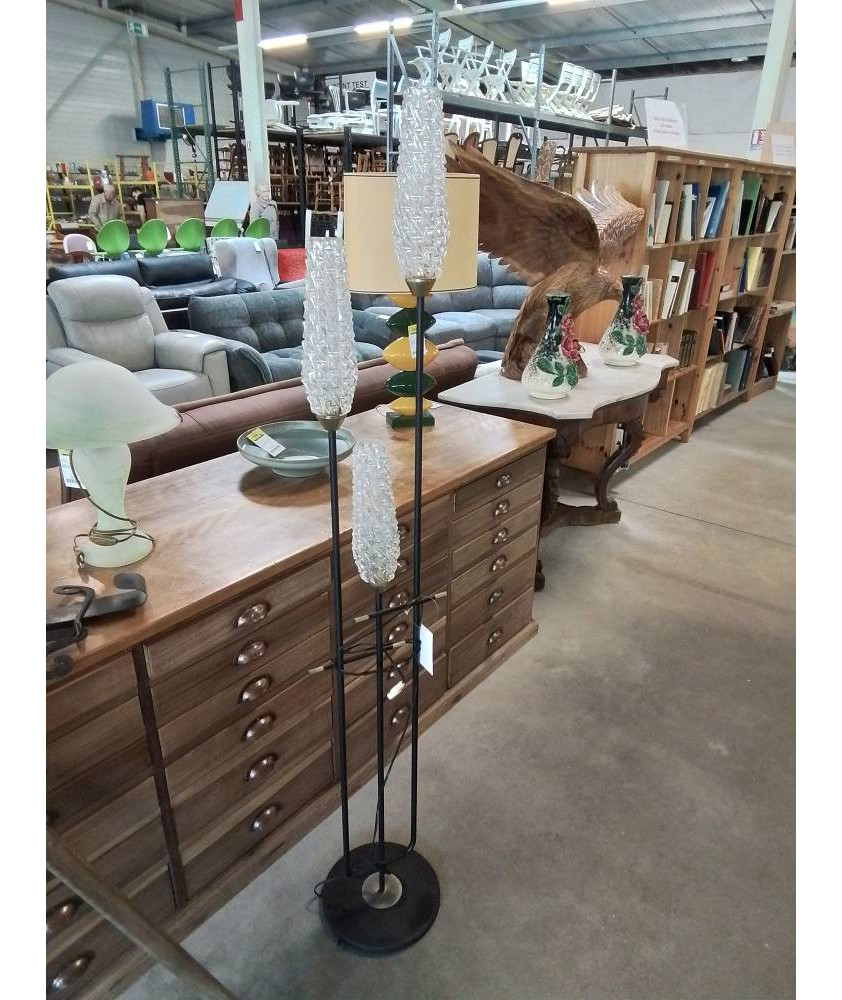 LAMPADAIRE MÉTAL NOIR ET DORÉ 3 FEUX CRISTAL TAILLÉ ARLUS ANNÉES 50/60