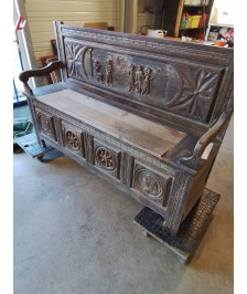 BANC COFFRE BRETON BOIS SCULPTÉ DÉBUT XXE