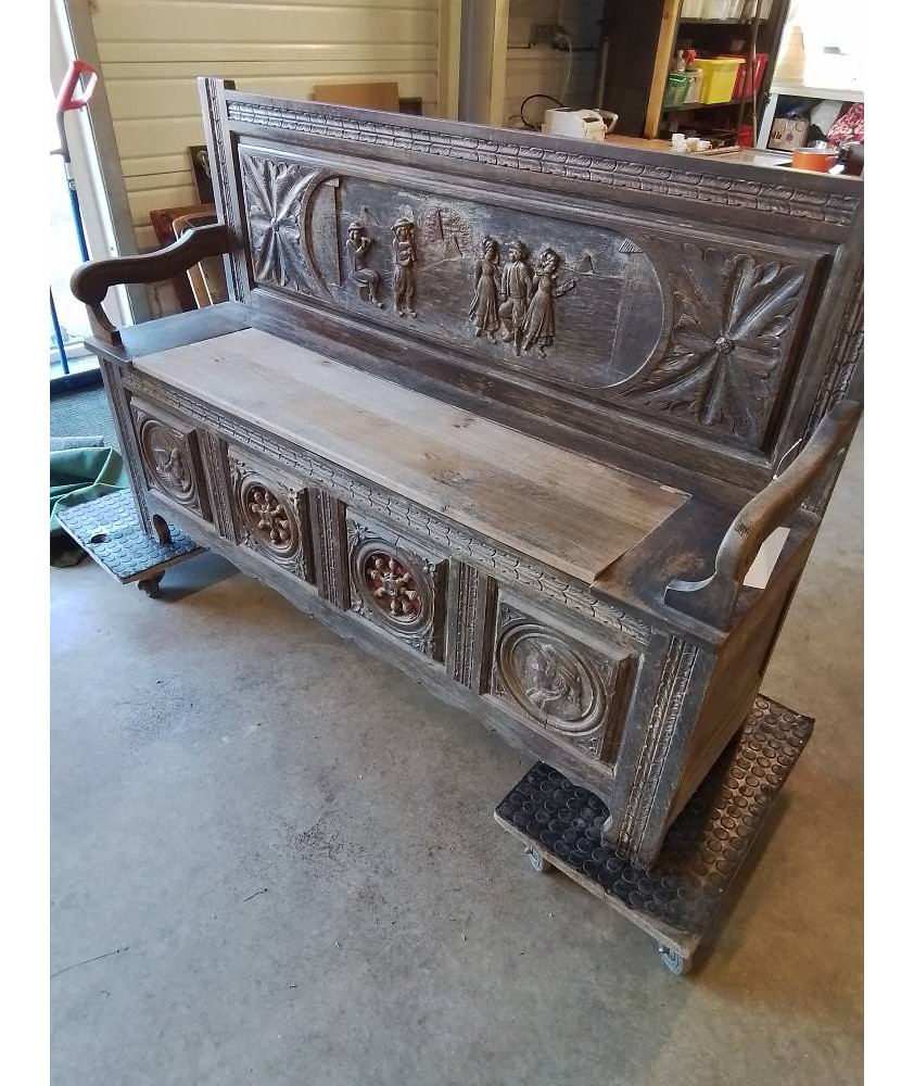 BANC COFFRE BRETON BOIS SCULPTÉ DÉBUT XXE