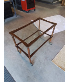 DESSERTE A ROULETTES BOIS ET VERRE 2 NIVEAUX ANNÉES 50