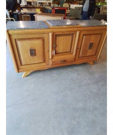 ENFILADE BOIS CLAIR MOULURÉ PIEDS COMPAS DESSUS 3 PLATEAUX MARBRE GRIS ANNÉES 50