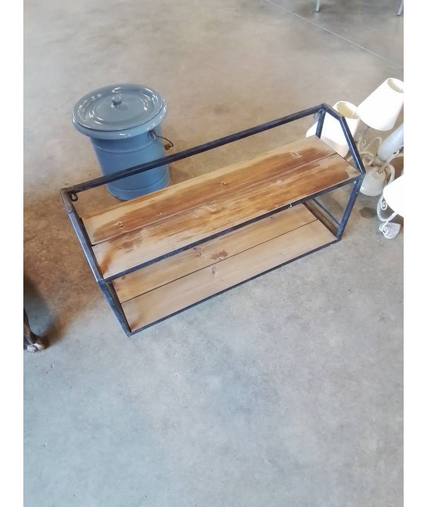 ÉTAGÈRE MURAL BOIS CLAIR ET MÉTAL NOIR 2 NIVEAUX 