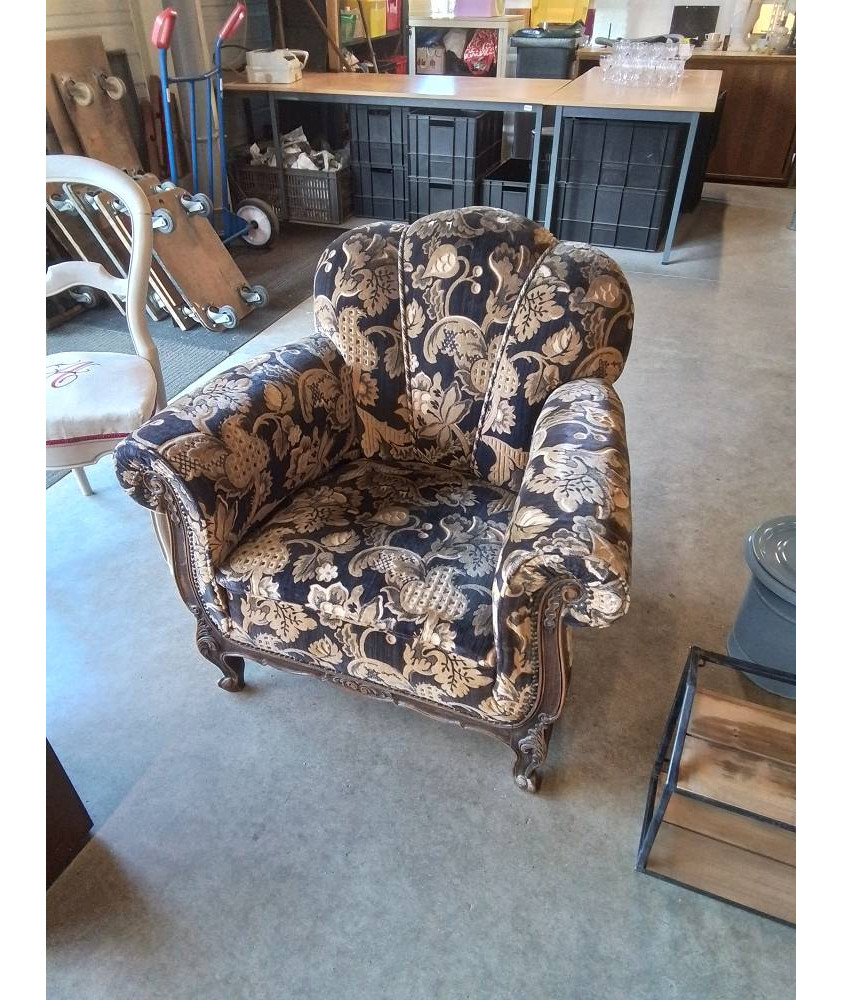 BERGÈRE BOIS CAPITONNÉ TISSU BLEU OCRE STYLE RÉGENCE 