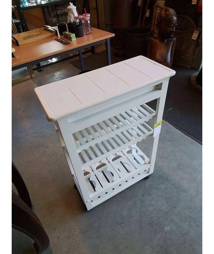 DESSERTE DE CUISINE A ROULETTES BOIS BLANC CARRELÉ 1 TIROIRS 