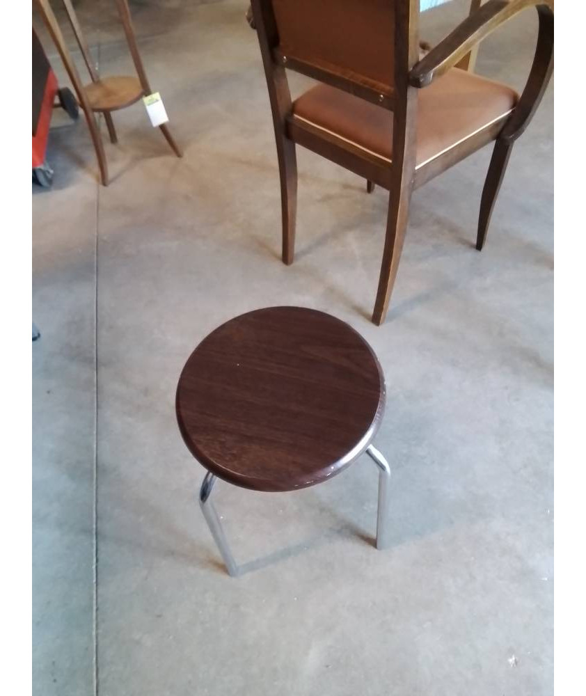 TABOURET ROND PIÈTEMENT MÉTAL CHROMÉ ASSISE BOIS 