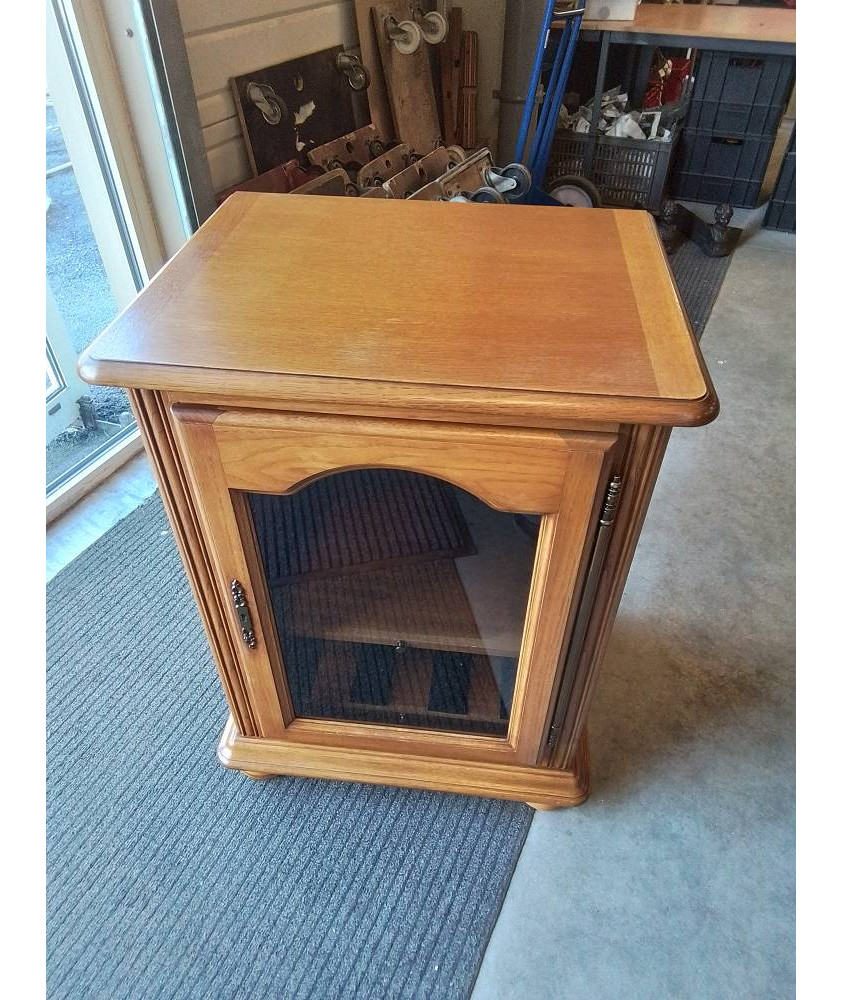 MEUBLE TV HI-FI BOIS CLAIR MOULURÉ 1 PORTE VITRÉE STYLE RÉGENCE 