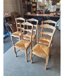 5 CHAISES BOIS CLAIR PAILLÉ STYLE RÉGENCE COQUILLE DOSSIER 3 BARREAUX CHANTOURNÉ 