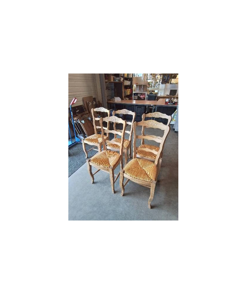 5 CHAISES BOIS CLAIR PAILLÉ STYLE RÉGENCE COQUILLE DOSSIER 3 BARREAUX CHANTOURNÉ 