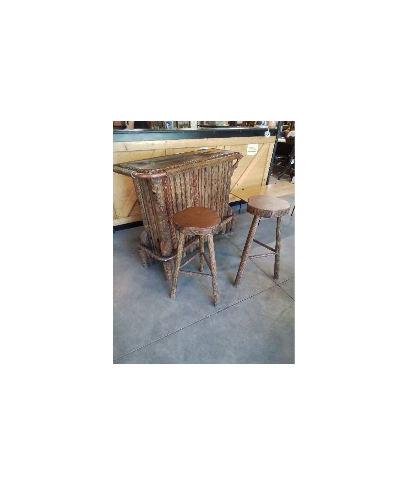 BAR ET SES 2 TABOURETS BOIS STYLE BRUTALISTE 