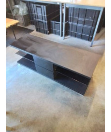 MEUBLE TV BAS BOIS NOIR 2 TABLETTES VERRE 2 TIROIRS 