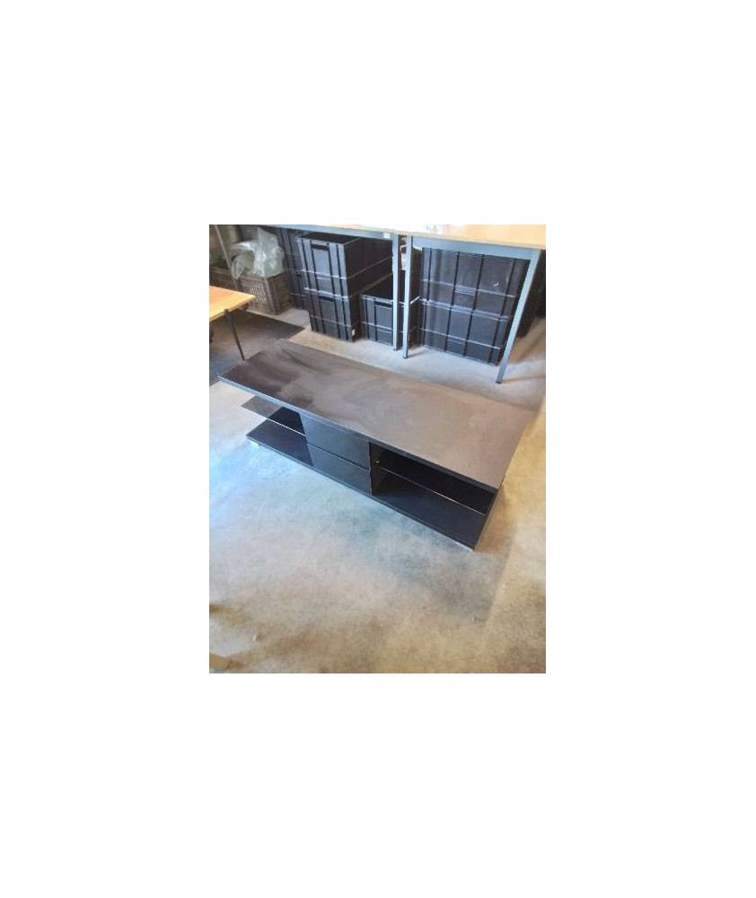 MEUBLE TV BAS BOIS NOIR 2 TABLETTES VERRE 2 TIROIRS 