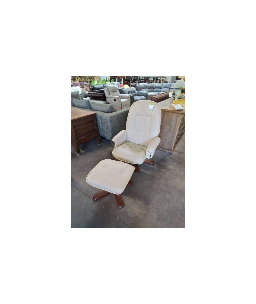 FAUTEUIL RELAX MANUEL ET SON REPOSE PIEDS PIÈTEMENT BOIS CLAIR CAPITONNÉ CUIR BEIGE