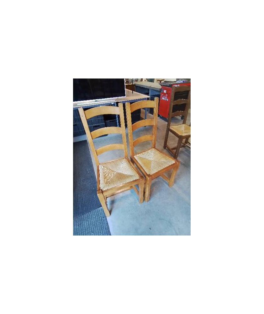 PAIRE DE CHAISE BOIS CLAIR PAILLÉ A ENTRETOISE DOSSIER 3 BARREAUX 