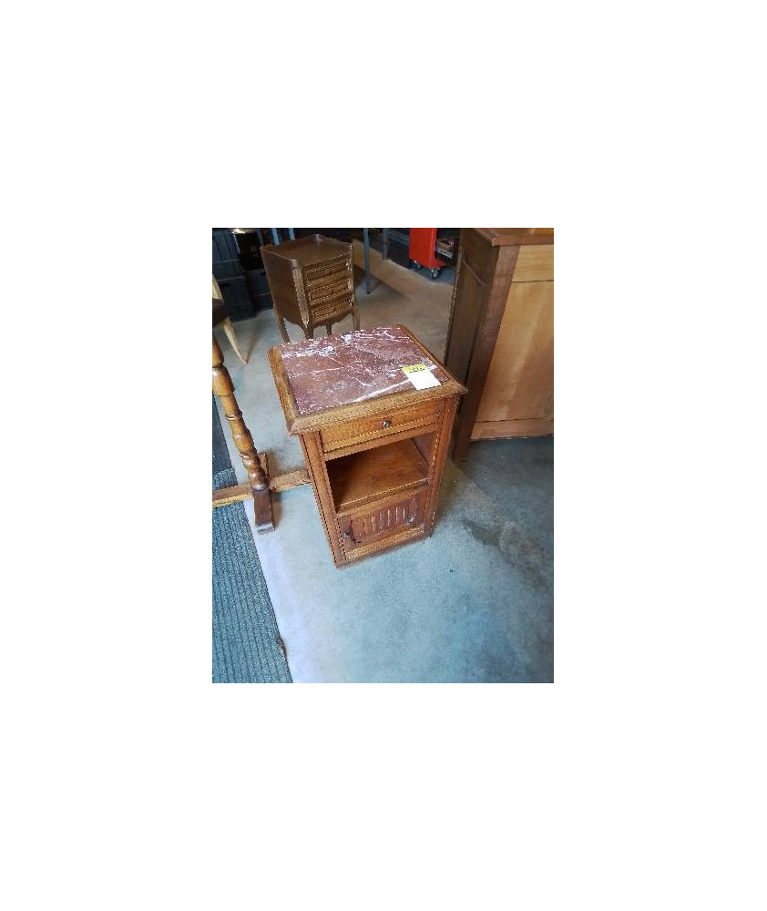 CHEVET BOIS CLAIR MOULURÉ 1 TIROIR 1 NICHE 1 PORTE DESSUS MARBRE ROUGE VEINÉ 