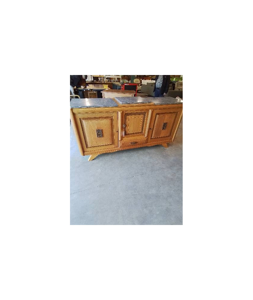 ENFILADE BOIS CLAIR MOULURÉ PIEDS COMPAS DESSUS 3 PLATEAUX MARBRE GRIS ANNÉES 50