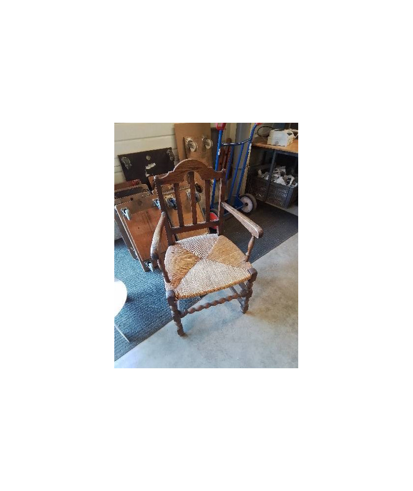 FAUTEUIL DE CHEMINÉE BOIS PAILLÉ DOSSIER CINTRÉ A BARREAUX VERTICAUX 