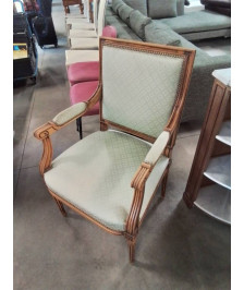 FAUTEUIL BOIS CLAIR ASSISE ET DOSSIER CAPITONNÉ TISSU VERT STYLE LOUIS XVI 