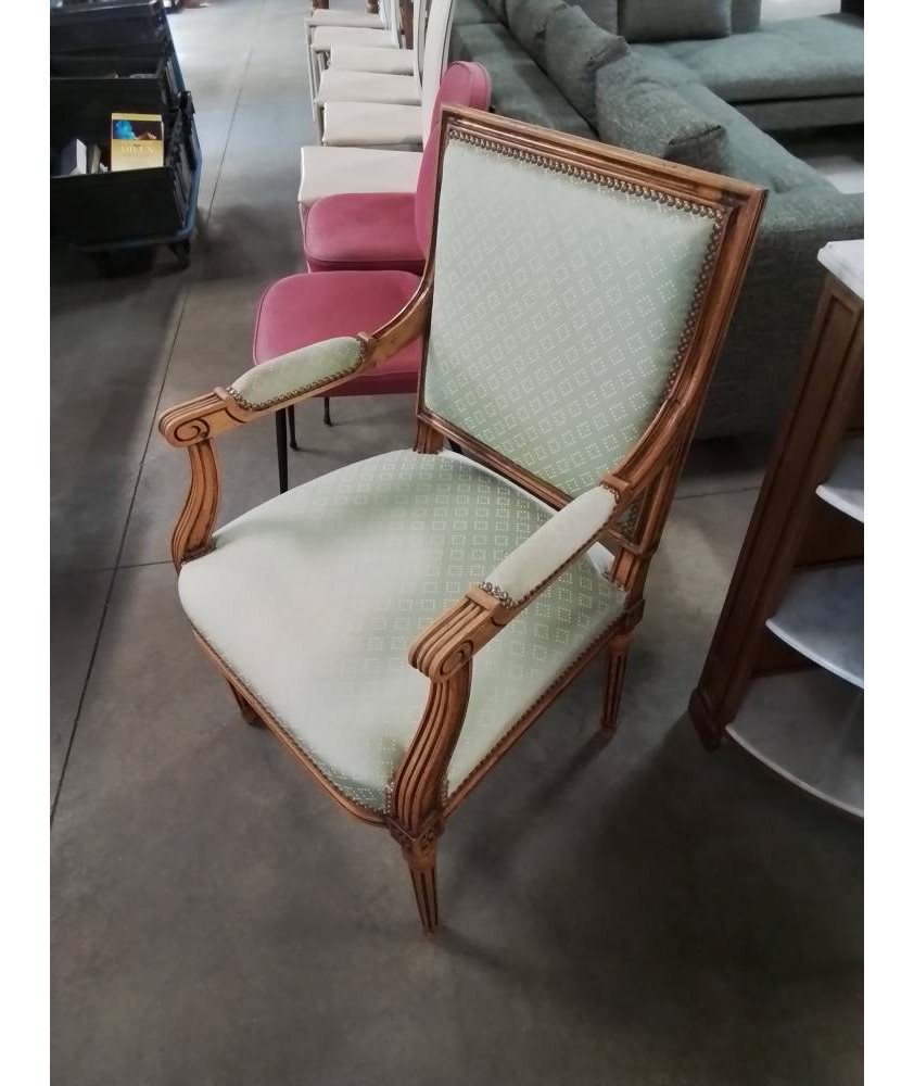 FAUTEUIL BOIS CLAIR ASSISE ET DOSSIER CAPITONNÉ TISSU VERT STYLE LOUIS XVI EN L\'ÉTAT 