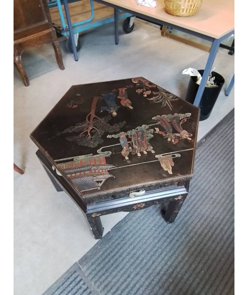 TABLE BASSE HEXAGONALE 6 TIROIRS BOIS NOIR ET NACRE DÉCOR ASIATIQUE 