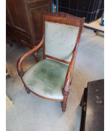 FAUTEUIL BOIS SCULPTÉ ASSISE ET DOSSIER TISSU BRONZE STYLE EMPIRE XIXE