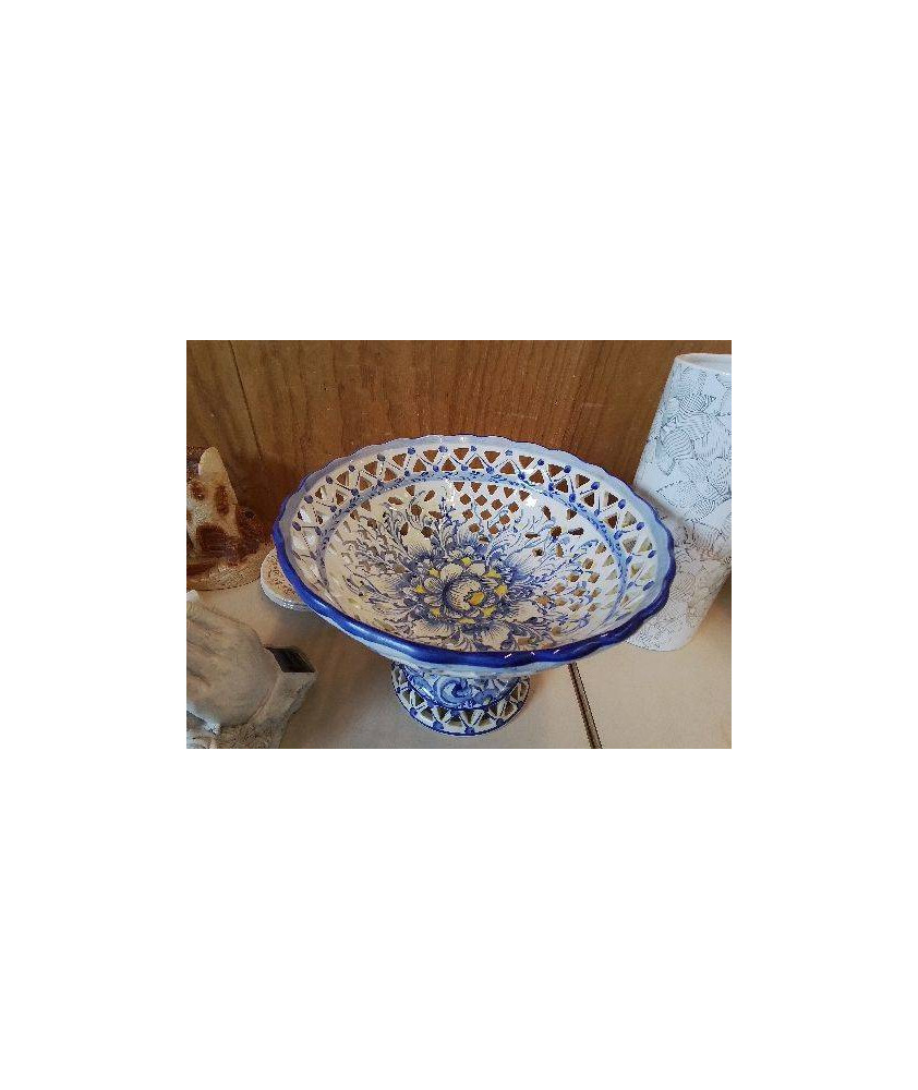 GRANDE COUPE À FRUIT BLEU EN CERAMIQUE MOTIF FLORAL 