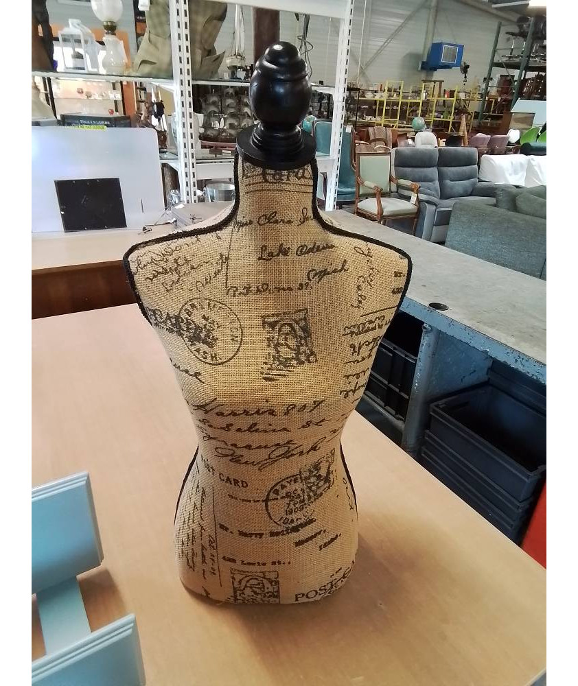 BUSTE MANNEQUIN BOIS NOIR CAPITONNÉ TOILE DE JUTE 
