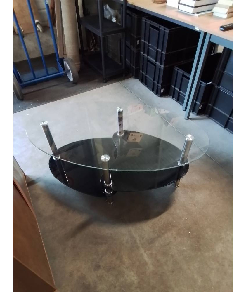 TABLE BASSE OVALE PIÈTEMENT MÉTAL CHROMÉ PLATEAUX VERRE 