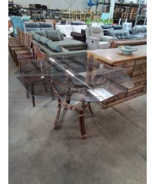 TABLE PIÈTEMENT ROTIN ET VANNERIE PLATEAU OCTOGONAL VERE FUMÉ ANNÉES 60