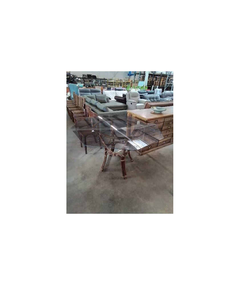 TABLE PIÈTEMENT ROTIN ET VANNERIE PLATEAU OCTOGONAL VERE FUMÉ ANNÉES 60