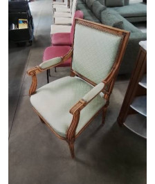 FAUTEUIL BOIS CLAIR ASSISE ET DOSSIER CAPITONNÉ TISSU VERT STYLE LOUIS XVI EN L\'ÉTAT 