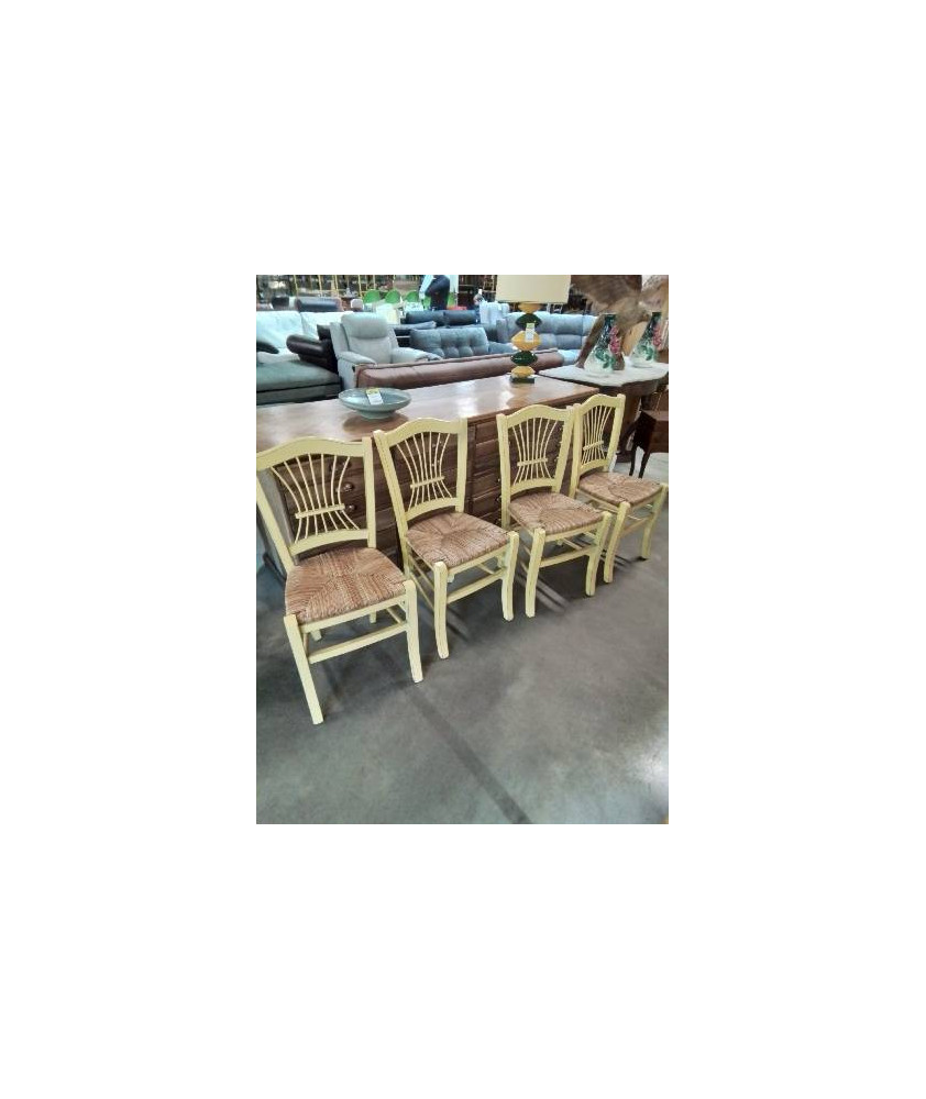 4 CHAISES BOIS JAUNE ASSISE PAILLÉ DOSSIER LYRE