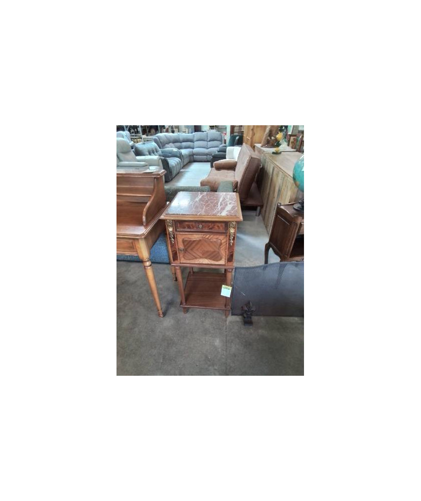 CHEVET A COLONNES BOIS 1 TIROIR 1 PORTE GARNITURES BRONZE DESSUS MARBRE ROUGE VEINÉ STYLE LOUIS XVI 