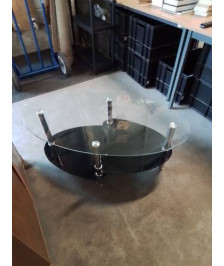 TABLE BASSE OVALE PIÈTEMENT MÉTAL CHROMÉ PLATEAUX VERRE 