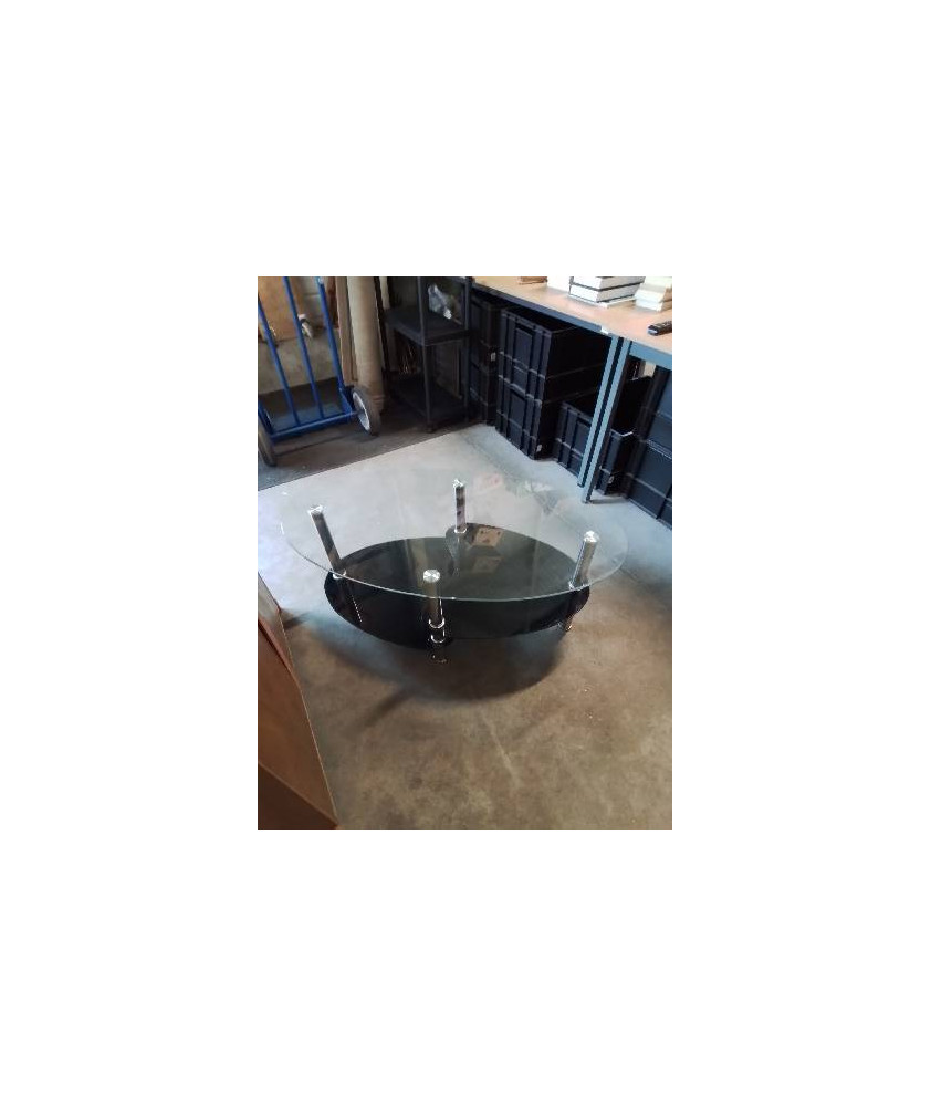 TABLE BASSE OVALE PIÈTEMENT MÉTAL CHROMÉ PLATEAUX VERRE 