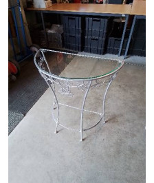 CONSOLE DEMI LUNE PIÈTEMENT MÉTAL PEINT ARGENTÉ DESSUS VERRE