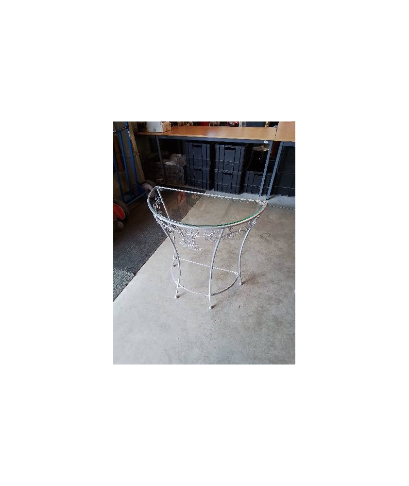 CONSOLE DEMI LUNE PIÈTEMENT MÉTAL PEINT ARGENTÉ DESSUS VERRE