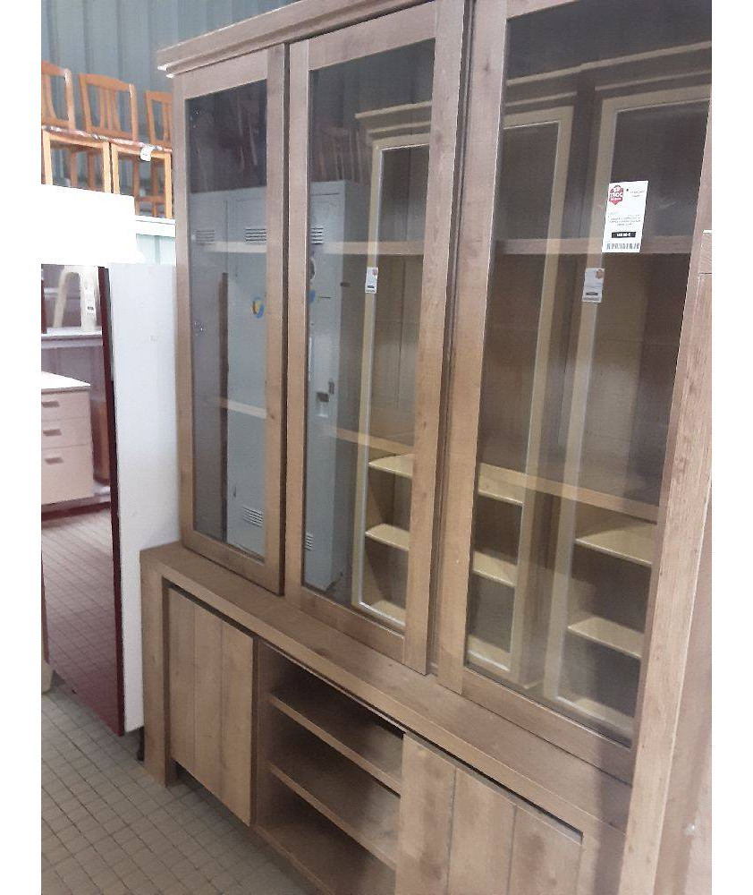 MEUBLE 2 CORPS HAUT 3 PORTES VITRÉES COULEUR CHENE CLAIR