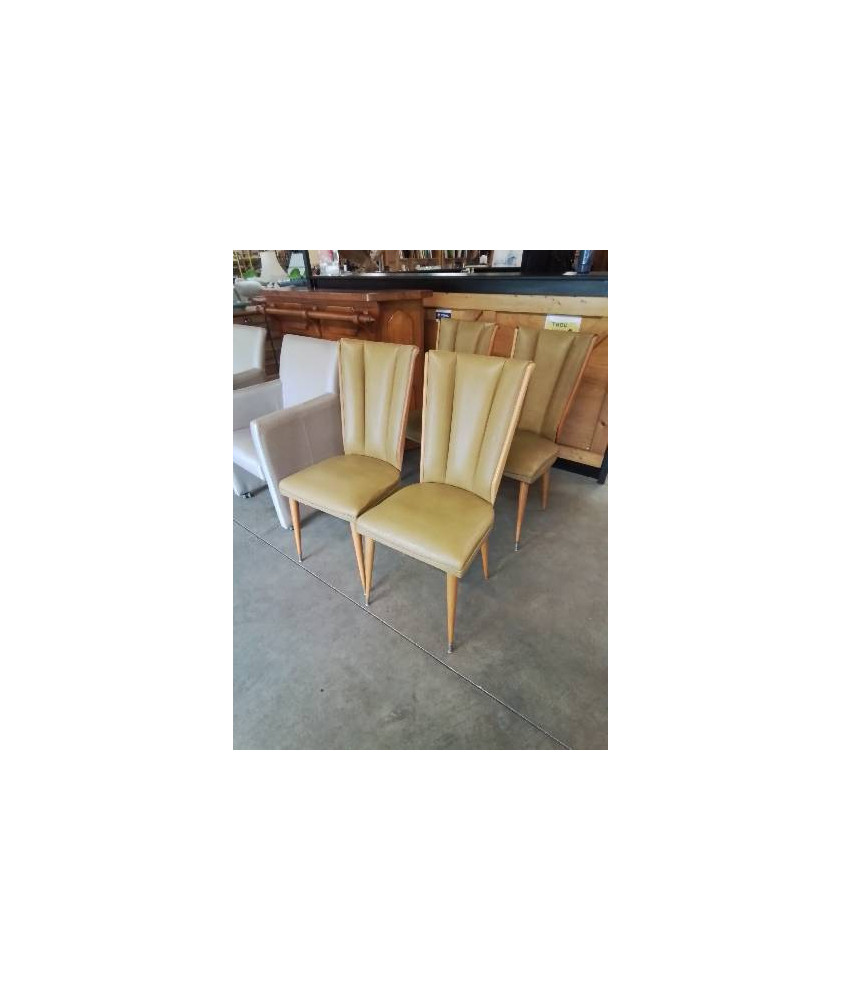 4 CHAISES BOIS CLAIR CAPITONNÉ SKAÏ VERT ANNÉES 50