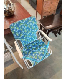 SIÈGE DE PLAGE PLIANT METAL BLANC ET TISSU BLEU AUX GRENOUILLES