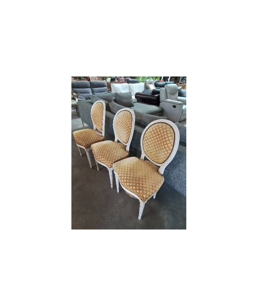 4 CHAISES MÉDAILLON BOIS ÉCRU CAPITONNÉ TISSU OCRE STYLE LOUIS XVI EN L ETAT